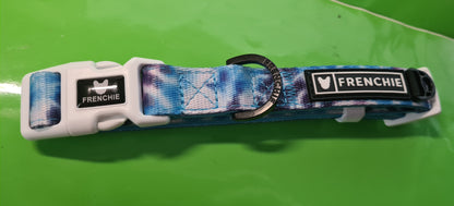 Frenchie Bulldog Dog Collar Blue Tie Dye 2cm wide neoprene lining