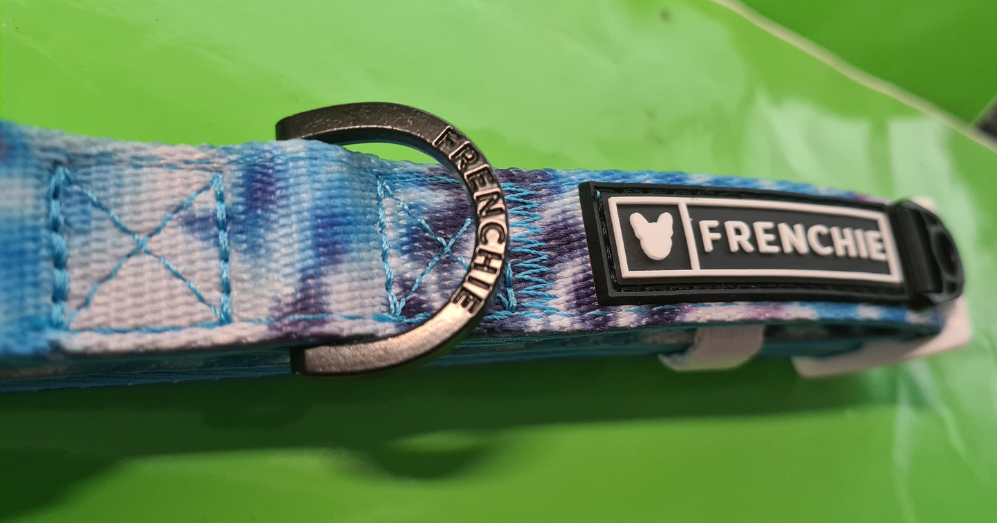 Frenchie Bulldog Dog Collar Blue Tie Dye 2cm wide neoprene lining