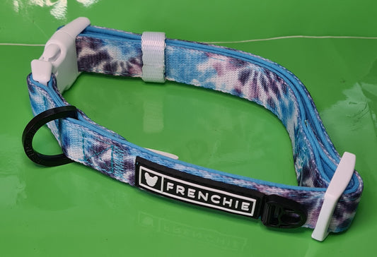 Frenchie Bulldog Dog Collar Blue Tie Dye 2cm wide neoprene lining