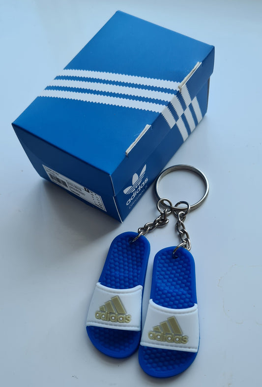 1 x Pair ADIDAS Blue/White/Gold MINI SLIDERS KEYRING WITH SHOE BOX