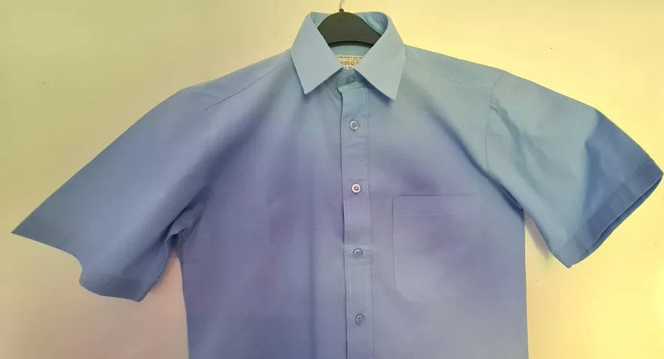 Mens Short Sleeve Shirt Button Up Plain Formal Smart Work Business Blue 15"