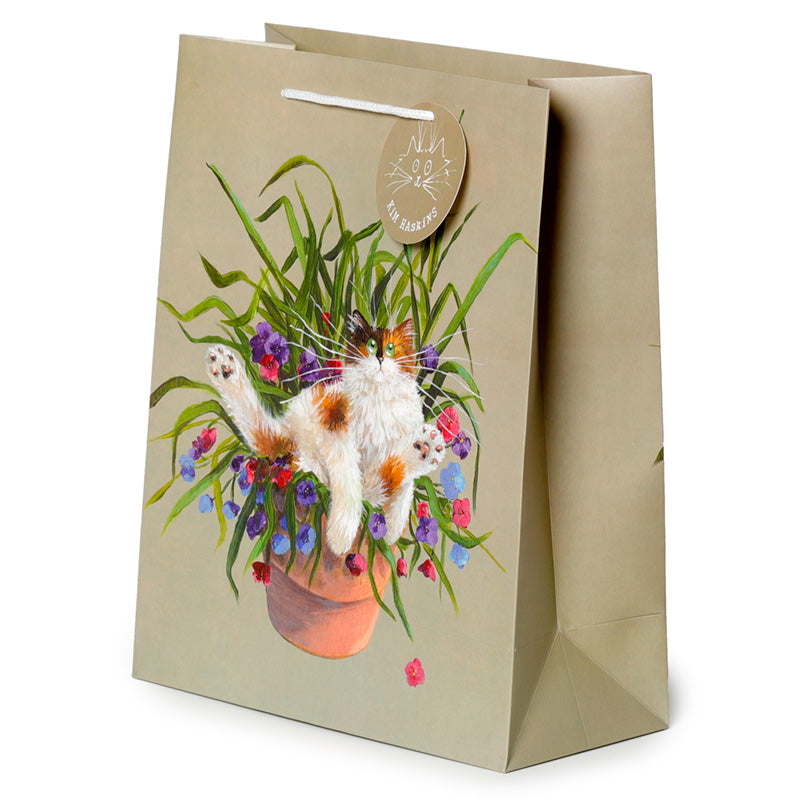 Gift Bag (Large) - Kim Haskins Floral Cat in Plant Pot