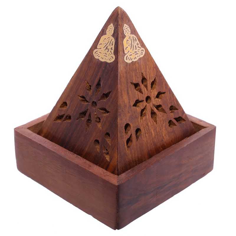 Sheesham Wood Pyramid Incense Cone Burner Box with Buddha