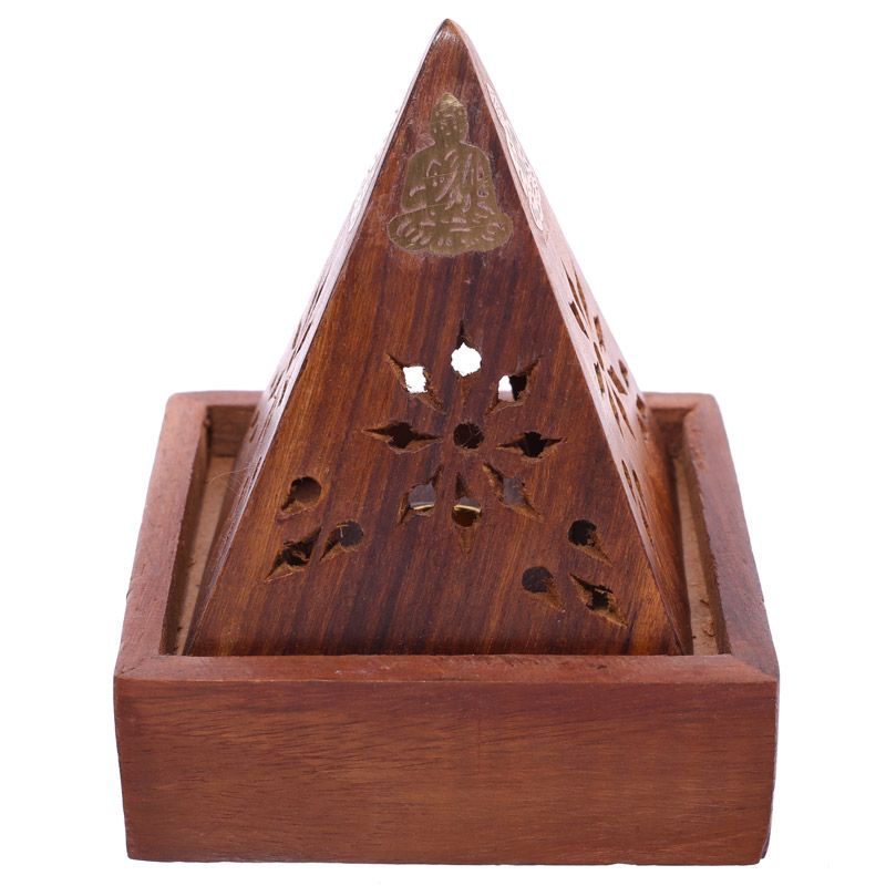 Sheesham Wood Pyramid Incense Cone Burner Box with Buddha