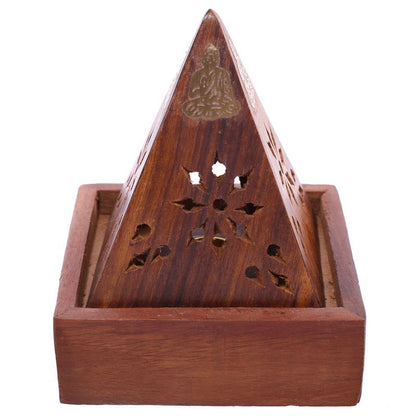 Sheesham Wood Pyramid Incense Cone Burner Box with Buddha