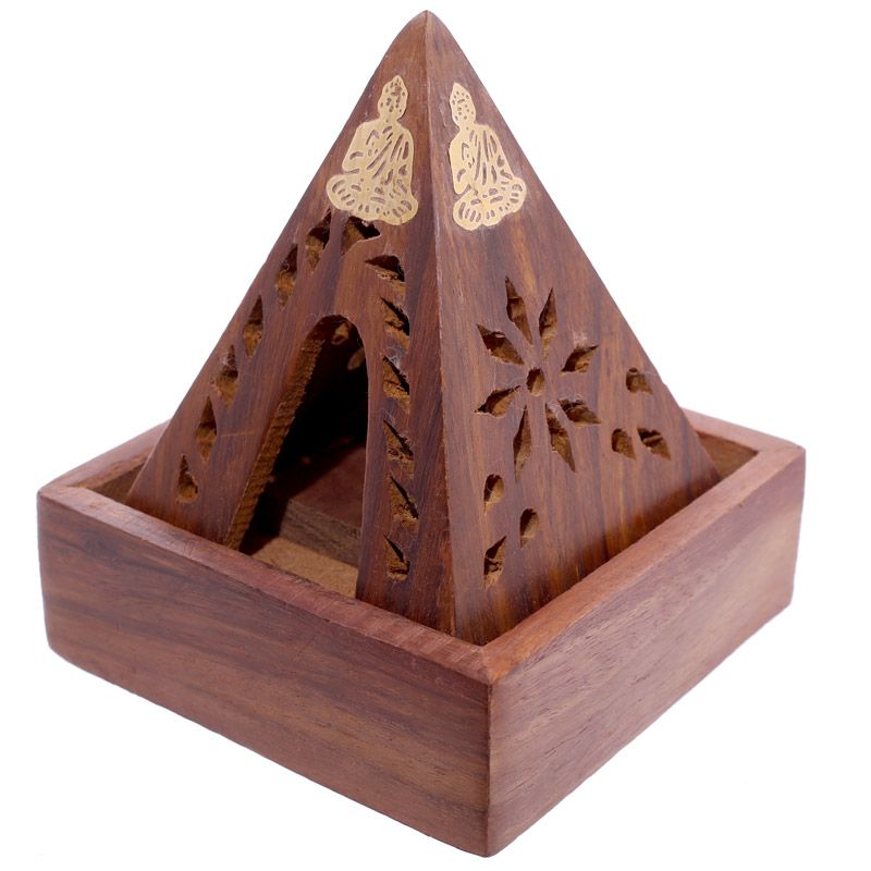 Sheesham Wood Pyramid Incense Cone Burner Box with Buddha