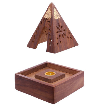 Sheesham Wood Pyramid Incense Cone Burner Box with Buddha