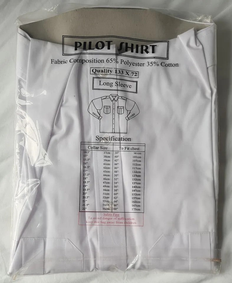 Men's Pilot Security Long Sleeve White Shirt Epaulette 2 pockets Size 15" 38cm