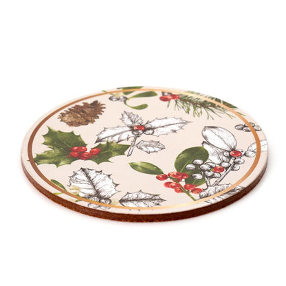 Set of 4 Cork Novelty Coasters - Christmas Winter Botanicals