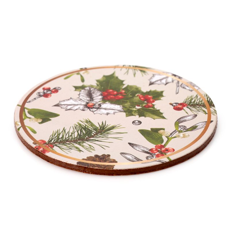 Set of 4 Cork Novelty Coasters - Christmas Winter Botanicals