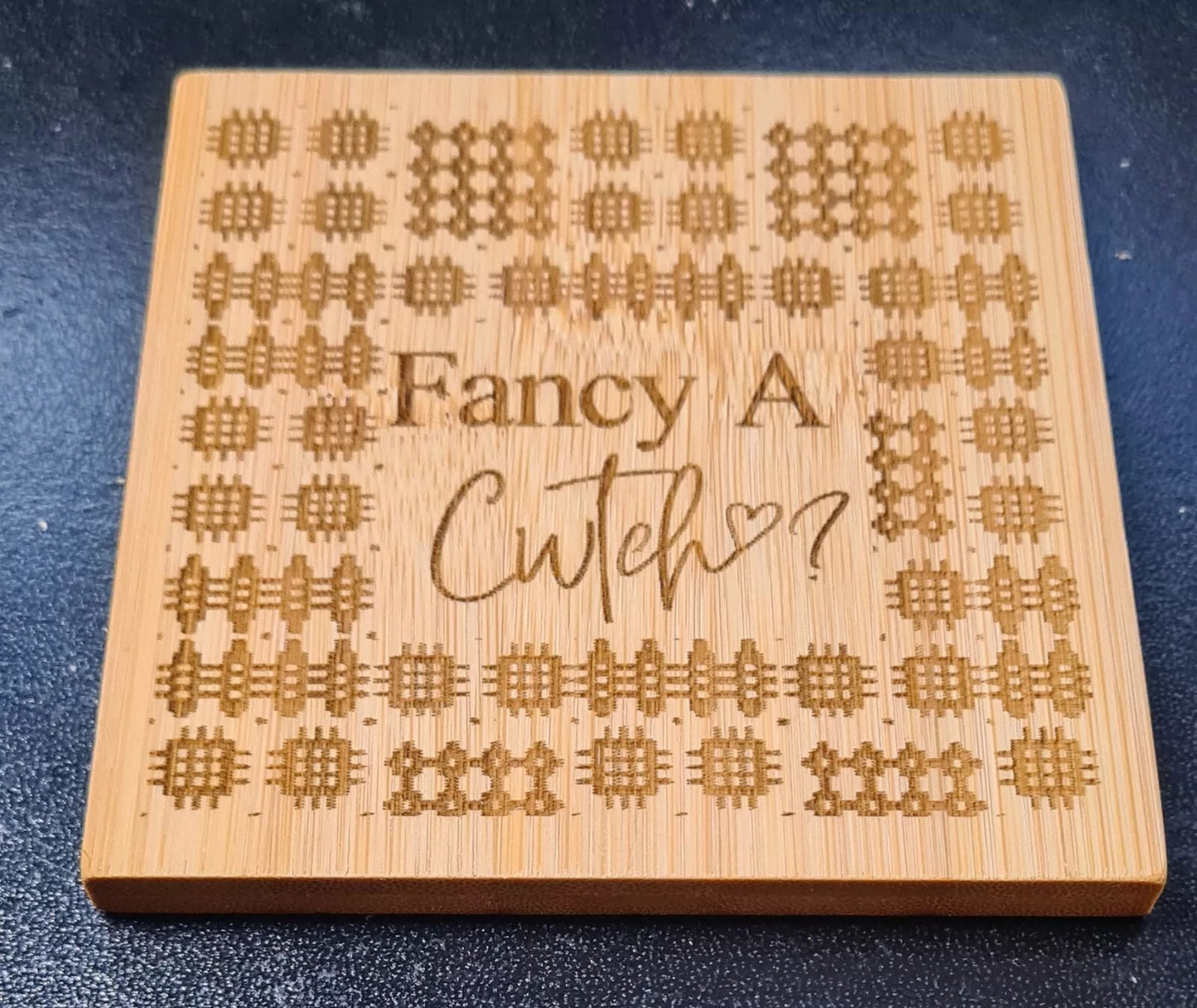 Welsh Bamboo Coaster 'Fancy a Cwtch' Handmade Engraved Logo 10cm ECO