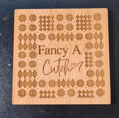 Welsh Bamboo Coaster 'Fancy a Cwtch' Handmade Engraved Logo 10cm ECO