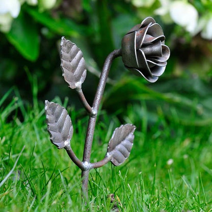 Hand Forged Metal Rose With 3 Leaves 270mm High